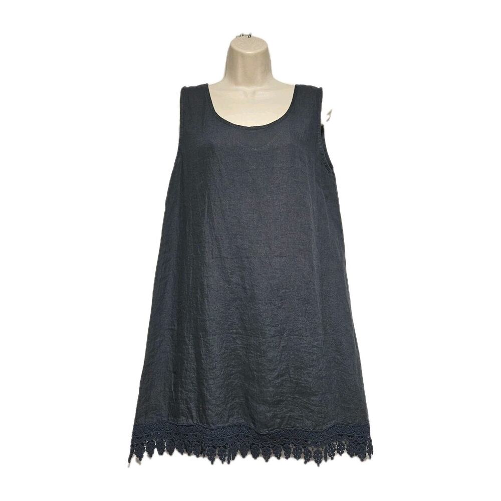 Rosemarie 100% Linen‎ Dress S Boho Midi Lagenlook Minimalist Crochet Trim Beachy